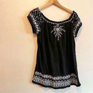 Chico’s Embellished and Embroidered Black Top T-Shirt Boho Bohemian Cotton Blend